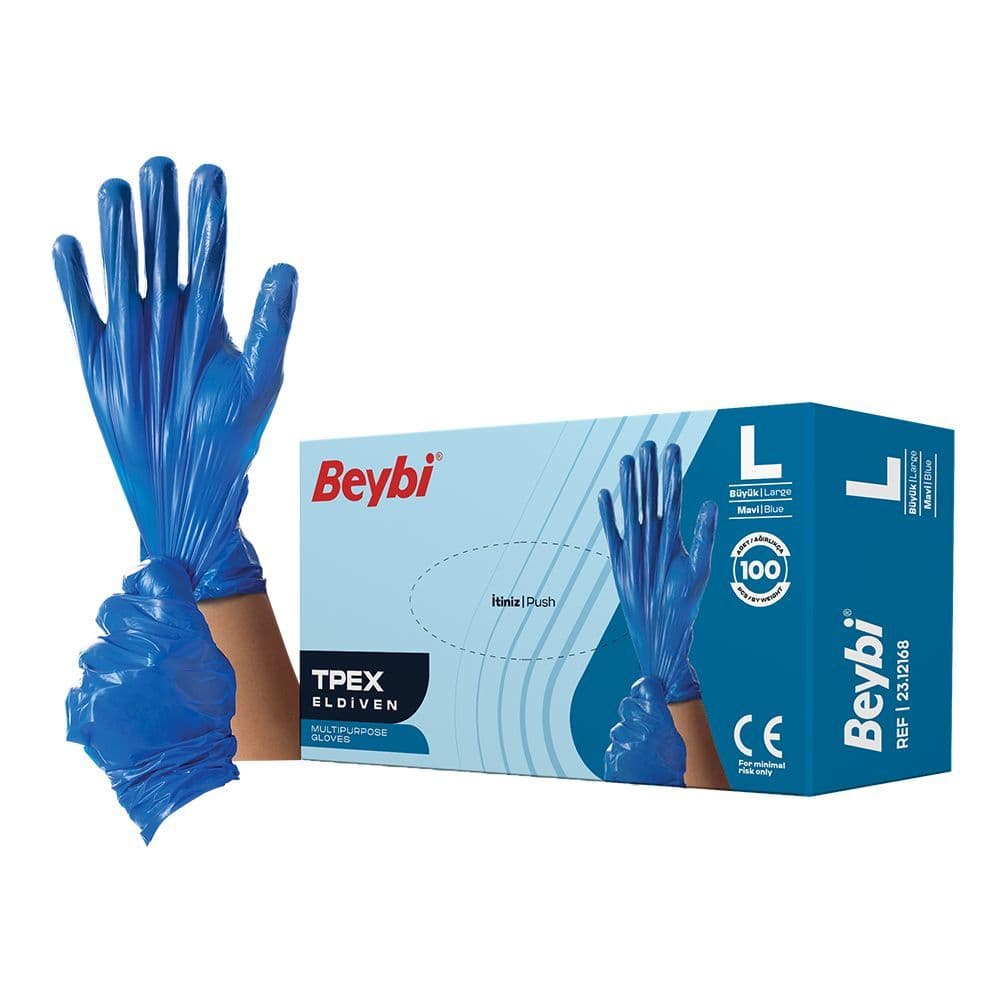 Beybi Tpex (pet) Tek Kullanımlık Eldiven Mavi - L - 100 Adet