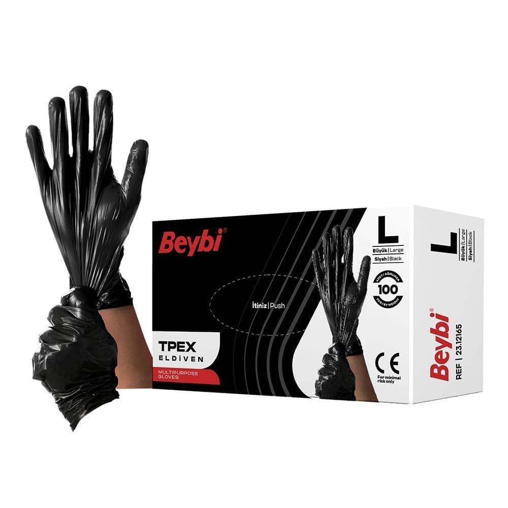 Beybi Tpex (pet) Tek Kullanımlık Eldiven Siyah - L - 100 adet