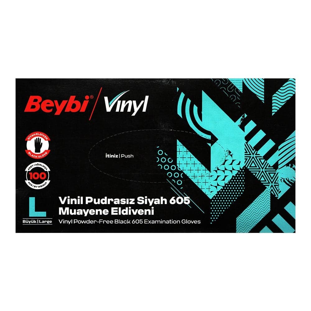Beybi Vinil Pudrasız Muayene Eldiveni Siyah -L- 100 Adet