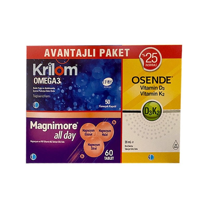 Krilom Omega3 50 Kapsül+ Magnimore Allday 60 Tablet + Osende D3K2 20 ml Avantajlı Paket