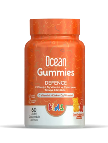 SKT:05/2027 Ocean Gummies Kids Defence Portakal-Şeftali Aromalı 60 Adet Çiğneme Form
