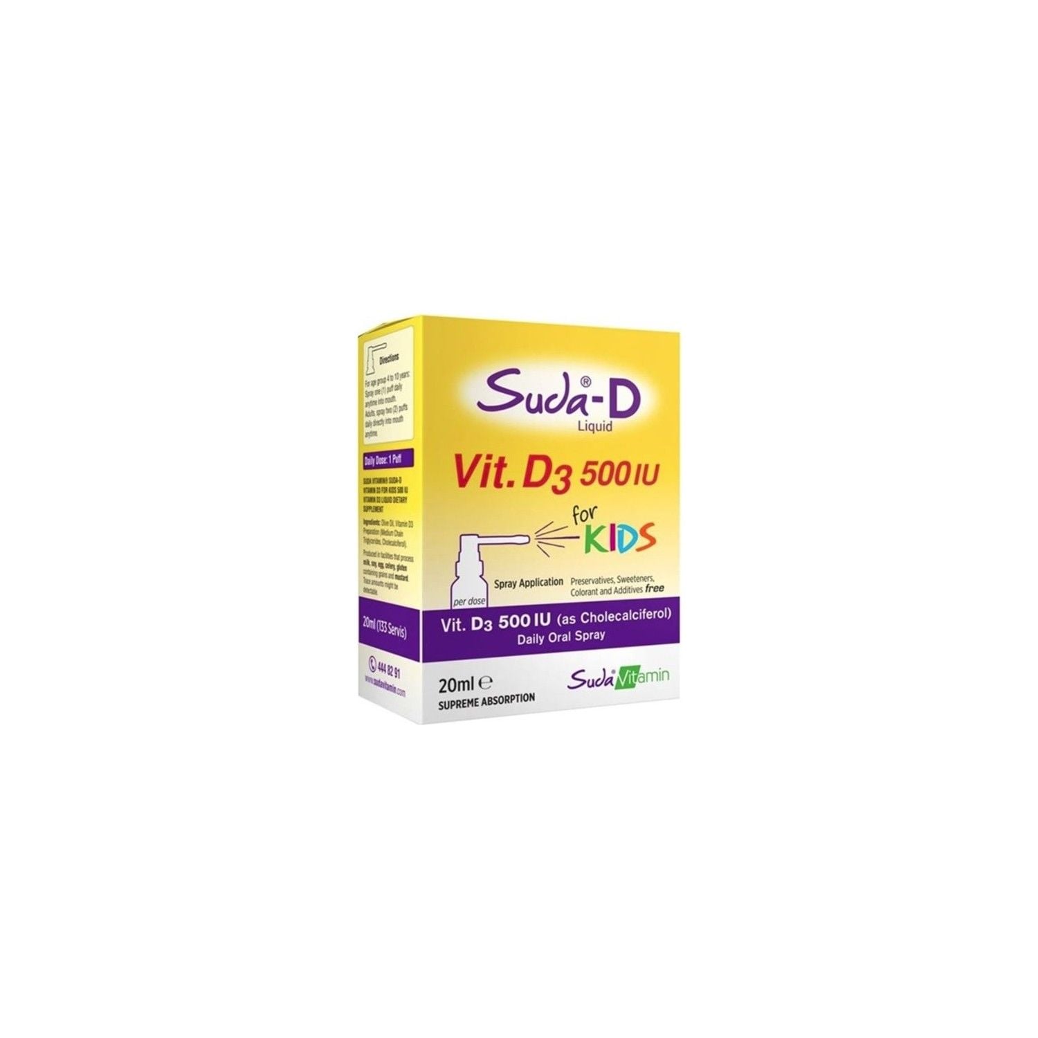 SKT:01/2027 Suda-D Vitamin D3 500 IU 20ml Sprey Çocuklar İçin